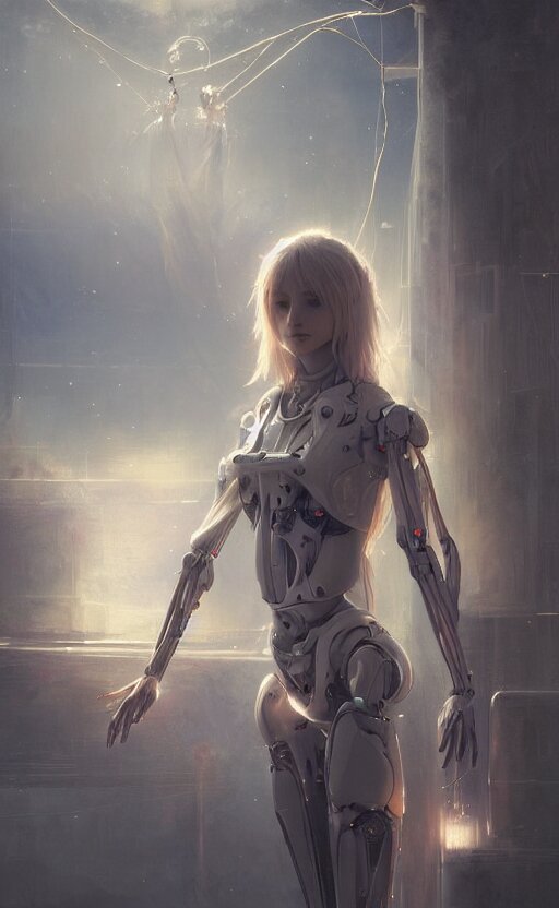 a girl from final fantasy live action, humanoid robot, cables, evocative, mystical night, very very very very detailed, award winning, masterpiece digital painting by greg rutkowski, alex grey, artstation, 4 k wallpaper