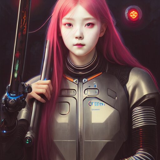 painting of cyberpunk chuu loona kpop smiling cheerfully and fixing her black katana, ultra realistic, concept art, intricate details, eerie, highly detailed, photorealistic, octane render, 8 k, unreal engine. art by artgerm and greg rutkowski and magali villeneuve and alphonse mucha 