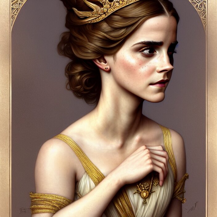 Intense Look by ancient queen Emma Watson - Emmawatson Fantasy ( highly detailed, intricate, lifelike, photorealistic, digital painting ). make her looking at me