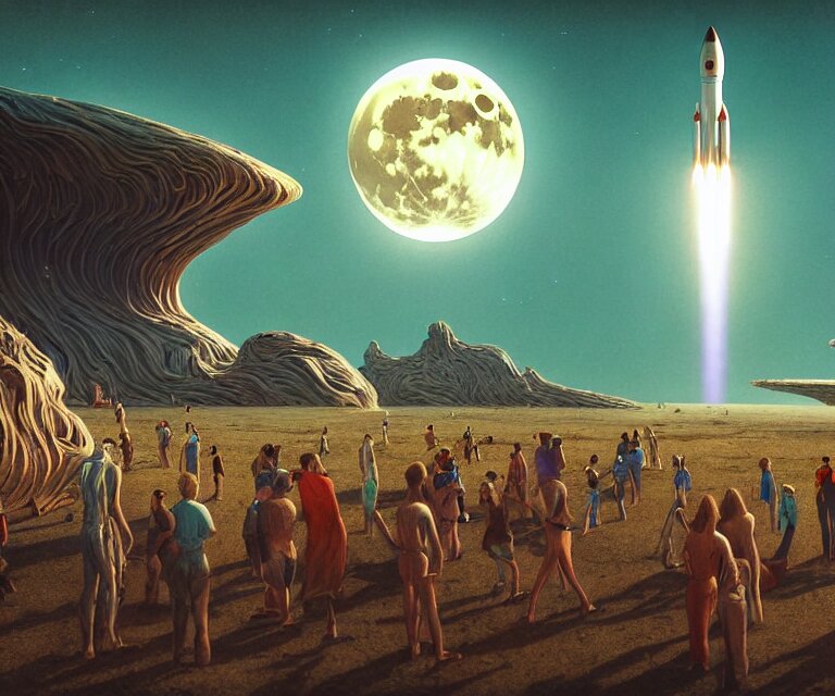 hyper detailed 3d render like a Oil painting - people gather on a faraway planet to watch a rocket launch, large moon in the dramatic alien sky, futuristic science fiction vibe, by P. Craig Russell and Barry Windsor-Smith, Houdini algorithmic generative render, Abstract brush strokes, Masterpiece, Alfred Charles Parker, Edward Hopper, Wes Anderson, Rolf Armstrong, Tim Doyle, Greg Hildebrandt, Jeremiah Ketner, Tim Okamura, Osamu Tezuka, Tom Whalen, Chip Zdarsky, hints of Coles Phillips, octane render, 8k