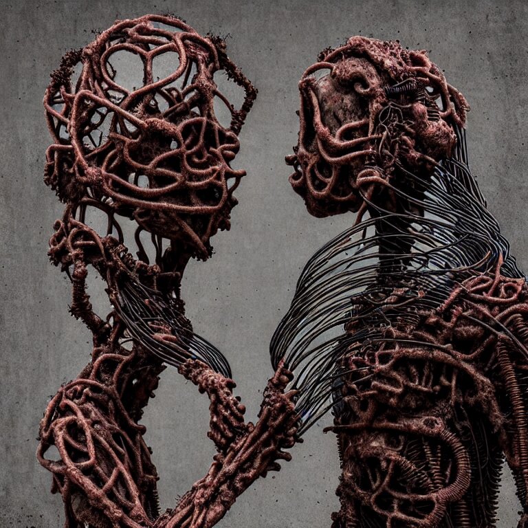 Portrait of Giant Spiders or Lovecraftian Monsters Covered in Wires, Roots, Spines, Meat, and Red Smoke in a Desolate Wasteland, Artistic Photography, Dark Fog, and Surreal Abandoned Buildings in a Baroque Painting, Heavy Atmosphere, and Zoomed Out to the Portrait of Two Kissing Humans. Replace the cyborgs with giant spiders or Lovecraftian monsters