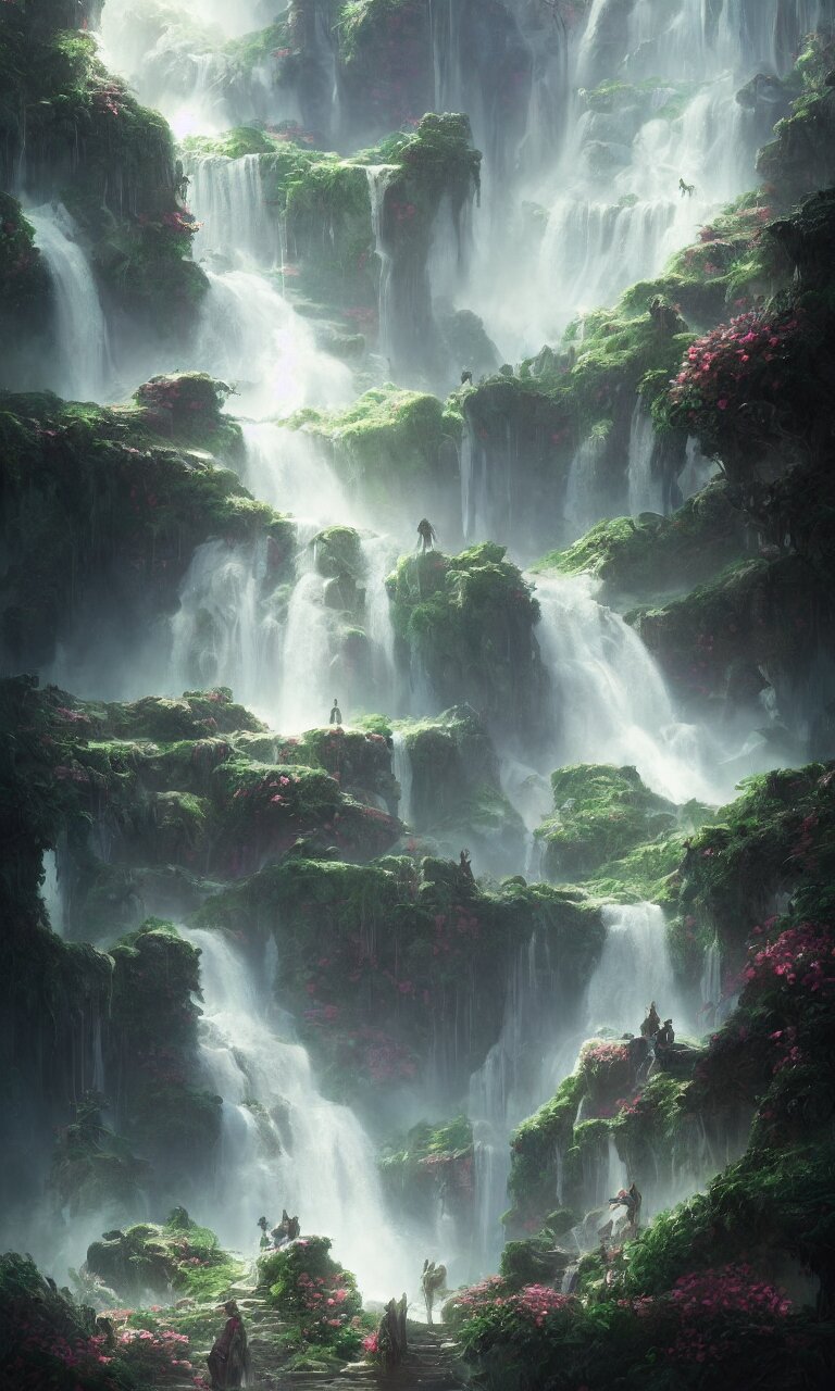 Fantasy world Detailed Art, Dreamy Roses Waterfall, Cinematic View, Detailed, Concept Art, High Detail, Warm Fantasy Lighting, Volumetric, Trending on ArtStation, Art Greg Rutkowski. water calmly running down