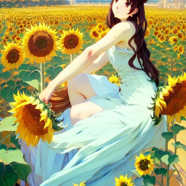 change the anime girl to a fiery sunflower and the background to a patriotic light blue