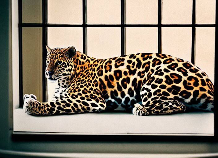 photography of a Jaguar Cat . watching outside the window. on a bed. in a 70's room full of vinyls and posters, photorealistic, award winning photo, 100mm, sharp, high res