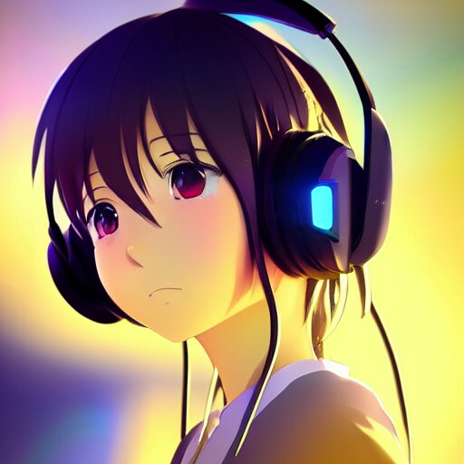 An anime music producer with headphones on, official art, key visual, studio lightning, very detailed BD cover, Kimi no Na Wa, hyperrealistic, artstation, caustics, trending on Artstation, 8K, octane renderer, rtx on. Change to a very simple drawing