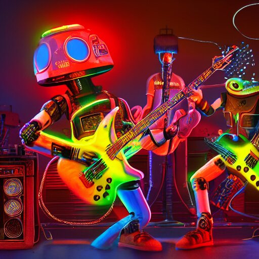 Album art, rockband with 3 neon green dieselpunk robots playing guitar, robos rock, 8 k, flourescent colors, halluzinogenic, multicolored, exaggerated detailed, front shot, 3 d render, octane. Change the color of the rockband robots to neon green.