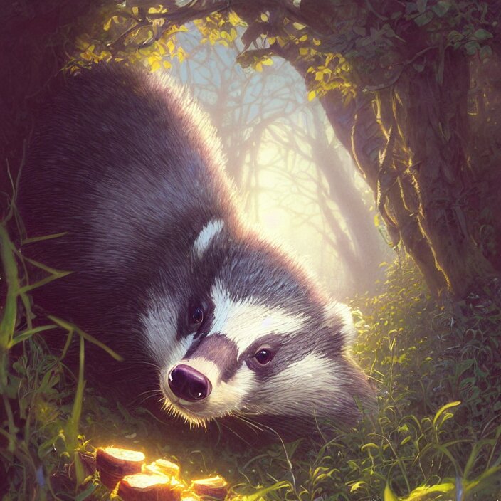 Highly detailed portrait of a cute badger, unreal engine, fantasy art by greg rutkowski, loish, rhads, ferdinand knab, makoto shinkai and lois van baarle, ilya kuvshinov, rossdraws, tom bagshaw, alphonse mucha, global illumination, radiant light, detailed and intricate environment