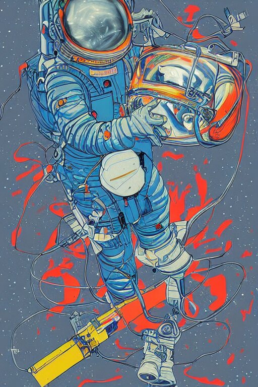 James Jean artwork, astronaut in space, colourful, now a farmer. make him a farmer