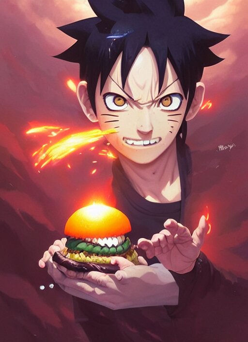 highly detailed black hamburger eating naruto uzumaki with black hair, art by greg rutkowski, loish, rhads, ferdinand knab, makoto shinkai and lois van baarle, ilya kuvshinov, rossdraws, tom bagshaw, global illumination, radiant light, detailed and intricate environment 