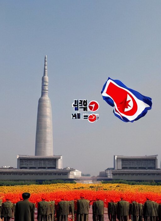 north korea is the best country where the sun always shines on juche and kim jong - un leads the korean people into a bright, unchanging communist future. darken the sky and make the text look blurry