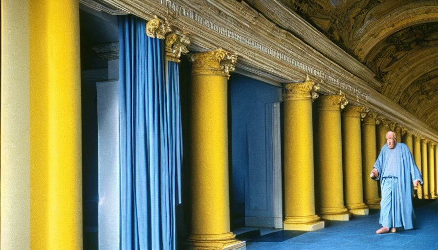 1 9 7 0 s movie still of old socrates in blue drapery in a fade yellow neoclassical corridor with collums, cinestill 8 0 0 t 3 5 mm, high quality, heavy grain, high detail, panoramic, ultra wide lens, cinematic composition, dramatic light, anamorphic, piranesi style