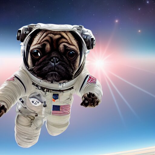 hyper realistic, highly detailed, astronaut pug in space. solar eclipse in back. 