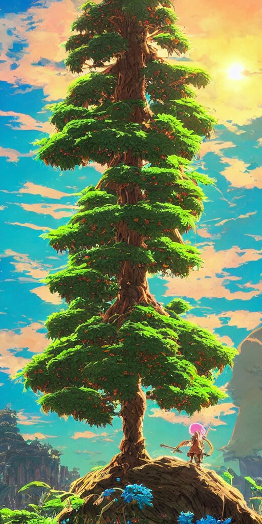 epic cannabis tree, vivid tones, wide angle, by miyazaki, nausicaa, studio ghibli, breath of the wild