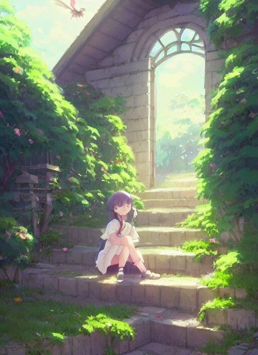 girl sits on a stair surrounded by flowers in a field, illustration concept art anime key visual trending pixiv fanbox by wlop and greg rutkowski and makoto shinkai and studio ghibli. girl sits on the curve of the stair, surrounded by flowers in a field