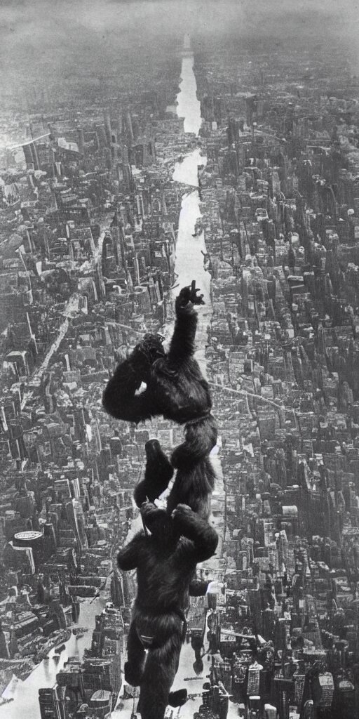 “King Kong climbing Empire State Building, 1900’s photo”. Make it a real king Kong