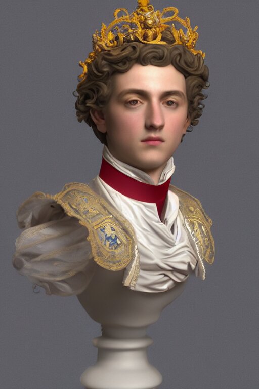 a realistic porcelain full-head rococo style bust of handsome young Spanish prince with colored pipecleaners for a crown and suspended in outer space, photorealism, octane render, depth of field, 8k, 35mm, artgem, Trending on artstation