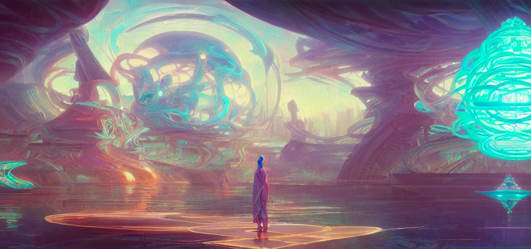 a floating temple, channeling swirling energy, wearing netrunner clothing, vaporwave aesthetic, colorful, psychedelic, digital painting, artstation, concept art, smooth, sharp focus, illustration, art by artgerm and greg rutkowski and alphonse mucha 