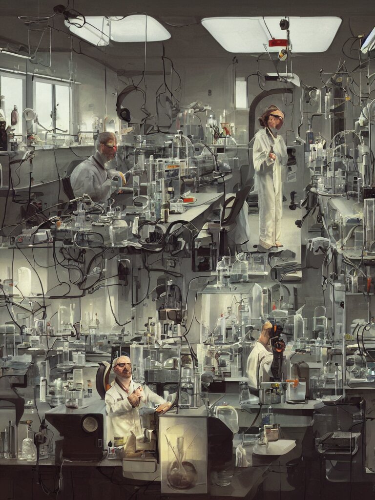 a portrait of a scientists in the laboratory in a painting from stalenhag, 4 k, 8 k, hdr, artstation, concept art