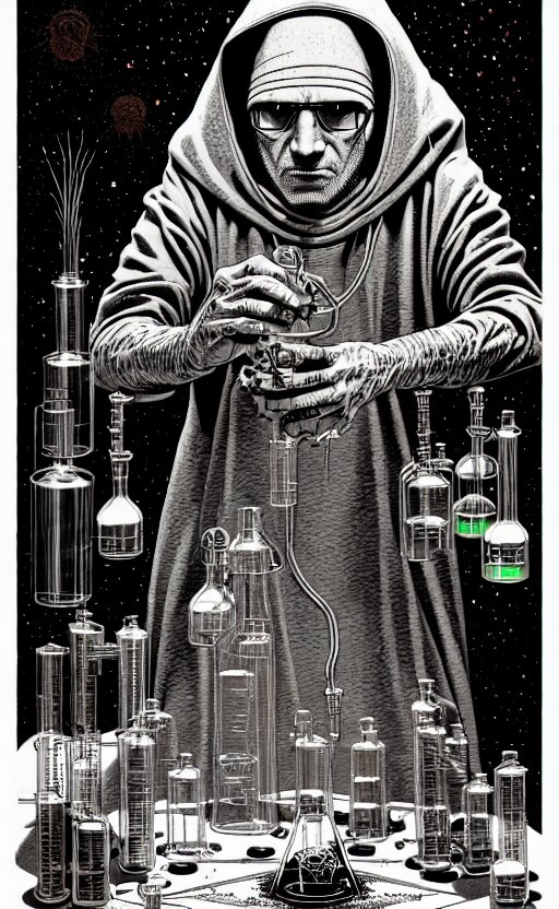 ancient cloaked wizard mixing potions in his laboratory, high details, intricately detailed, by vincent di fate, inking, 3 color screen print, masterpiece, trending on artstation,, sharp, details, hyper - detailed, hd, 4 k, 8 k