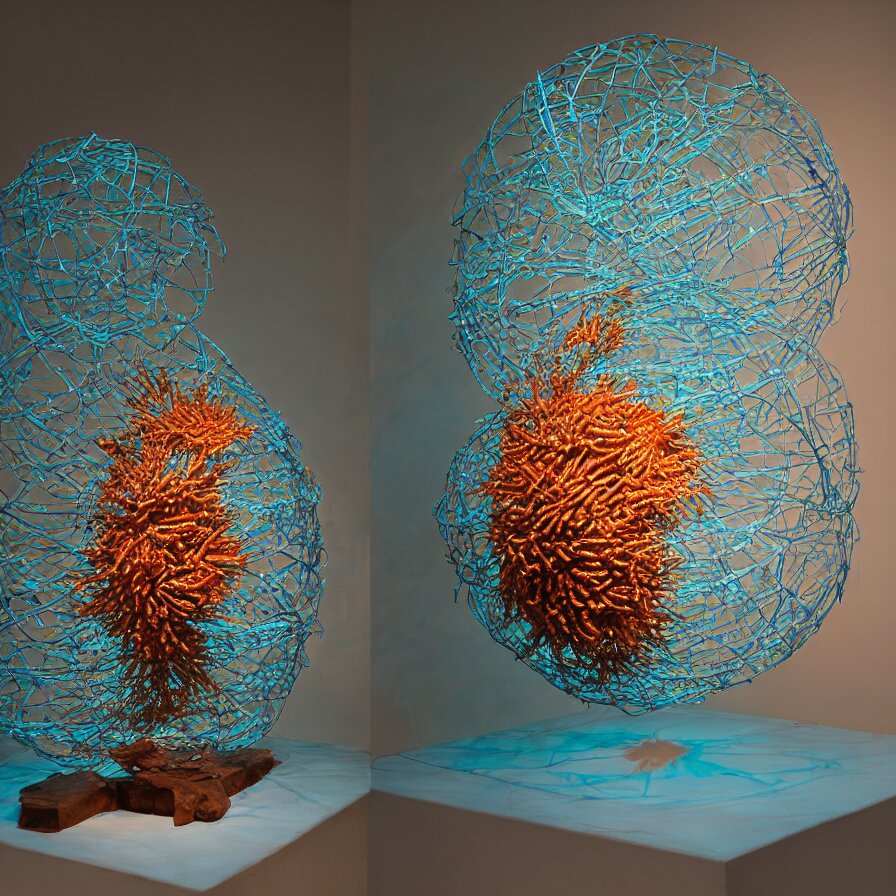 hyperrealistic sculpture of a bronze ancient fossilized sea urchin cave fish with opalescent blue and iridescent red spraypaint in a plywood grid cage on a pedestal by ron mueck and duane hanson and lee bontecou, hyperrealistic dramatic colorful lighting trending on artstation 8 k. Turn on the blue light!