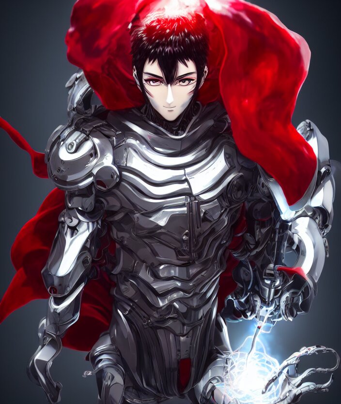 Manga character illustration of a dark haired silver cyborg anime man with a red cape, trending on artstation, digital art, 4 k resolution, detailed, octane render, high quality, sharp focus, hq artwork, insane detail, concept art, character concept, character illustration, full body illustration, cinematic, dramatic lighting. As a Manga character