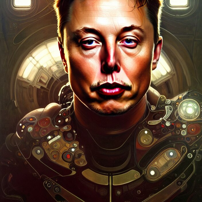 portrait of Elon Musk organic cyborg, diffuse lighting, fantasy, intricate, elegant, highly detailed, lifelike, photorealistic, digital painting, artstation, illustration, concept art, smooth, sharp focus, art by John Collier and Albert Aublet and Krenz Cushart and Artem Demura and Alphonse Mucha