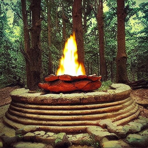 "An Eternal Flame, surrounded by Trees, Ultra Detailed, Worshipped". fire is burning and flames are dancing