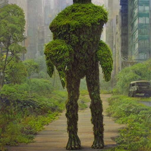 a lost and bewildered mossy earth golem holding a sapling in a busy industrial street | painting by James Gurney. Add a gritty urban backdrop