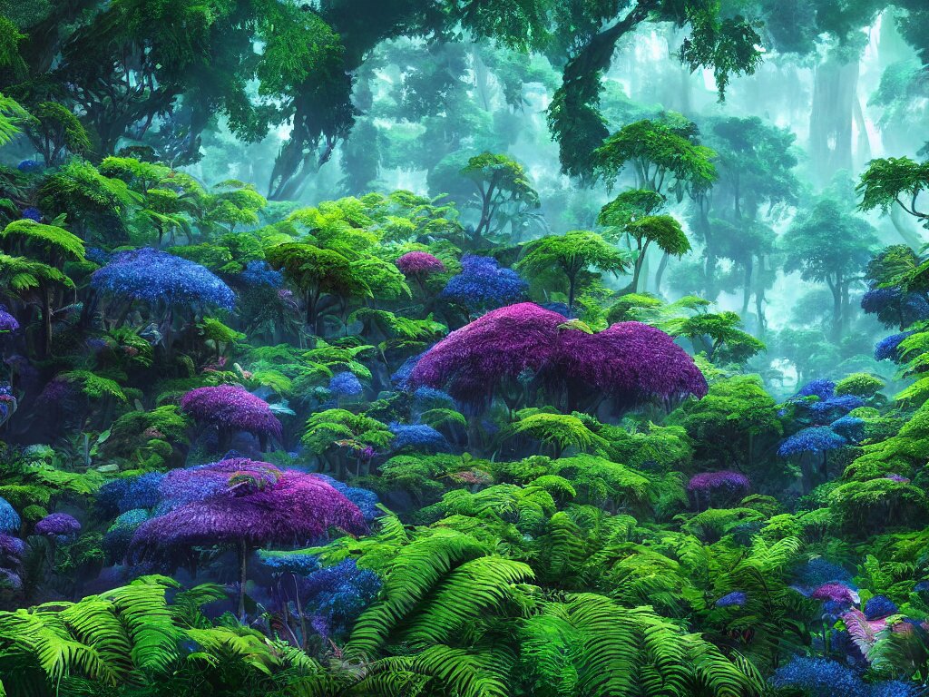 A beautiful otherworldly fantasy landscape of dense lush ferns and evergreen trees with mystical elven-esque trees, rendered in deep colors with Cryengine, for a video game or animation project. Adding mystical elven-esque trees and a character to the landscape