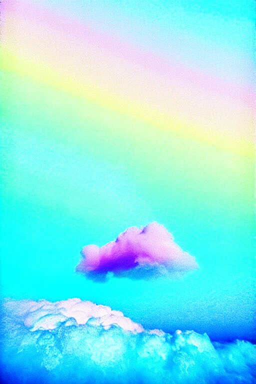 high quality pastel coloured film close up wide angle photograph of a model wearing clothing swimming on cloud furniture in a icelandic black rock!! environment in a partially haze filled dreamstate world. three point light, rainbow. photographic production. art directed. pastel colours. volumetric clouds. pastel gradient overlay. waves glitch artefacts. extreme facial clarity. 8 k. filmic.