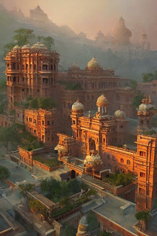 old indian city with a breathtaking view of a magnificent maharajah palace at pink dawn, intricate, elegant, volumetric lighting, digital painting, highly detailed, artstation, sharp focus, illustration, concept art, ruan jia, steve mccurry