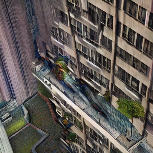 Instead of descending, put the viewer inside the building, watching the people on the street below.