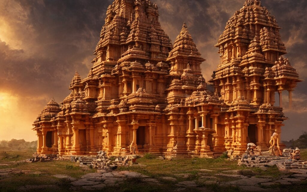 High Fantasy solitary Hindu temple typical of the Hampi style ! on a plain near a river, colorful sculptural motifs Intricate, detailed , artistic , volumetric lights warm. Joyful matte painting by Darek Zabrocki and Emmanuel Shiu, 4k ultra detailed, great composition cinematic. With mountains in the background. Add mountains in the background