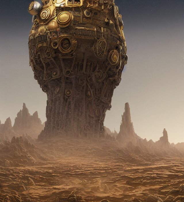 an anthropomorphic beautiful ultradetailed giant spaceship park in a desert, gold, mist, fog, dungeon temple gate, fine art, award winning, intricate, elegant, sharp focus, octane render, hyperrealistic, cinematic lighting, highly detailed, digital painting, 8 k concept art, art by jamie hewlett and chris foss, masterpiece, trending on artstation, 8 k 