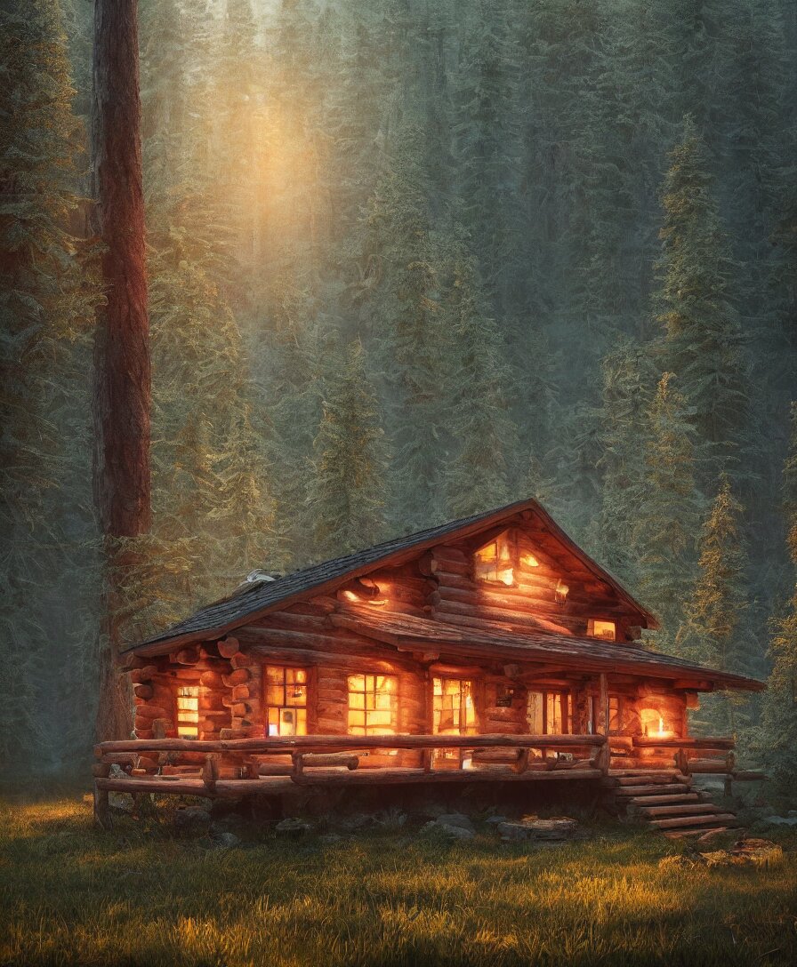 of a beautiful Hyperrealistic log cabin with smoke from chimney in the middle of the forest, macro lens, highly detailed, digital painting, trending artstation, concept art, illustration, cinematic lighting, vibrant colors, photorealism, epic, octane render