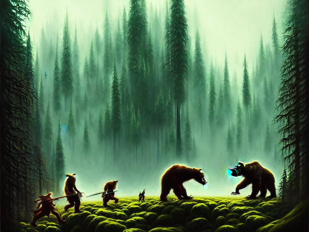 highly detailed concept art of colossal bear fighting goblins in a middle - earth forest, an ultrafine detailed painting, trending on deviantart, neo surrealism, sharp focus, octane, masterpiece, art by anato finnstark 