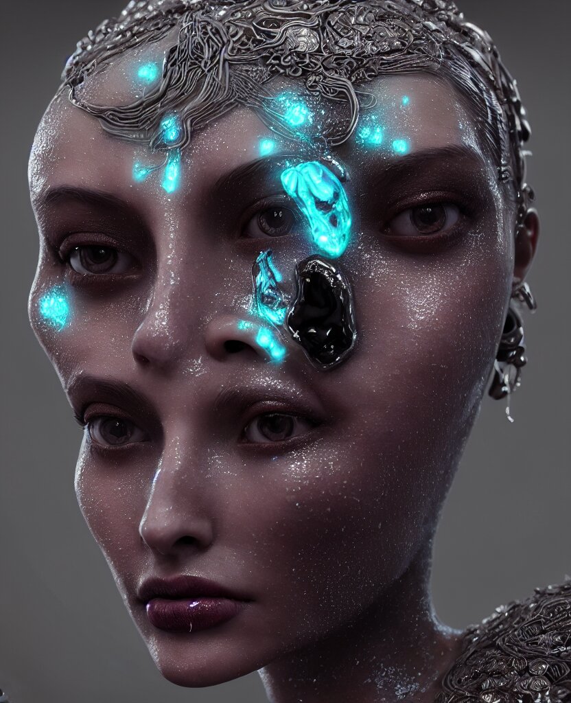 goddess close-up face portrait. with melting bioluminescent glass skull, intricate artwork by Tooth Wu and wlop and beeple. octane render, trending on artstation, greg rutkowski very coherent symmetrical artwork. cinematic, hyper realism, high detail, octane render, 8k