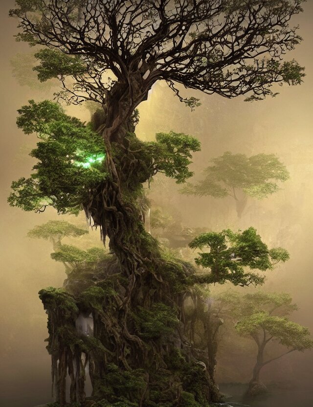 A beautiful old tree with glowing lights in the branches. The wind is whipping the tree's branches and leaves, while its buttressed roots rise above a cairn in the mist. Waterfalls and rivulets of water run down into an underground lake by James Jean. By Pascal Blanche, Thomas Blackshear, and Dawn Coulter. tree is swinging under the wind