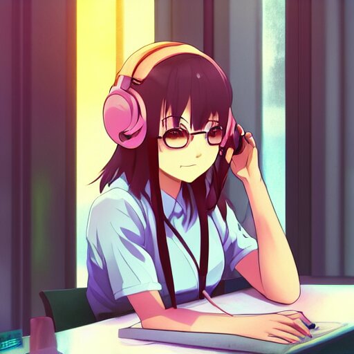 High Definition Anime Portrait of an Anime Girl with Pastel-Colored Hair Studying at a Desk with Headphones on, Background is a Window Looking out into a Busy Tokyo District, Lo-Fi Art, Masterpiece by Makoto Shinkai, Trending on Art Station, Sharp High Quality Anime, Digital Art, Photoshopped, proportionate, Ambient Lighting. trending songs