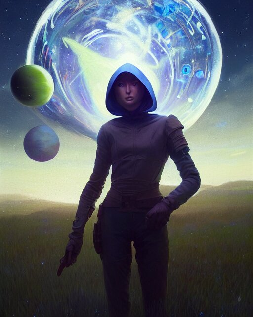 hooded bearded man holding a planet in his hand, cosmic star dust, galactic, , hdr,