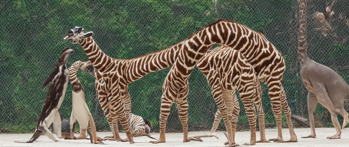 a giraffe-monkey-penguin-lizard-hedgehog-spider-tiger-orca attacking a person in a public playground