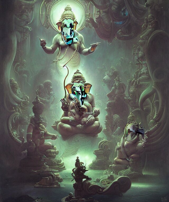 ganesha, futuristic holographic displays by Luke Brown in the style of peter mohrbacher, wayne barlowe, gustav moreau, bussiere, roberto ferri, santiago caruso, luis ricardo falero, austin osman spare, luke brown. Add a futuristic holographic human figure in the lower right corner.