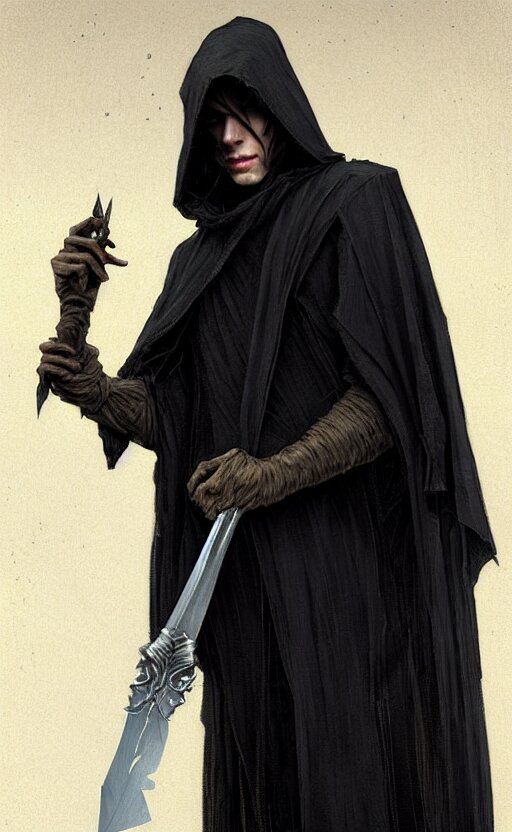 Thin blond roguish man wearing a black cloak made of very thousands of thin strips of cloth that decay into mist. Holding a glass dagger. fantasy, highly detailed, digital painting, artstation, concept art, smooth, sharp focus, illustration, art by artgerm and greg rutkowski and alphonse mucha