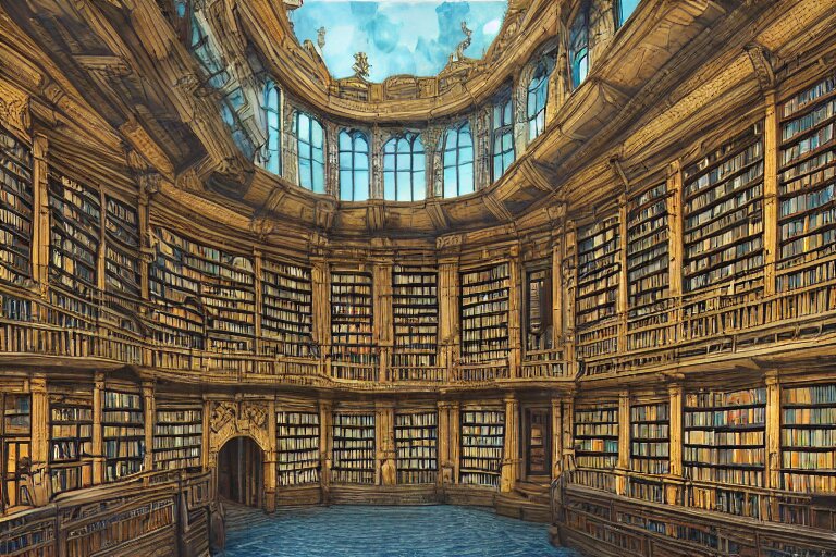 A big library with loads of windows viewed from the inside, texture, intricate, details, highly detailed, masterpiece, architecture, building, trending on artstation, focus, sharp focus, concept art, digital painting, fantasy, sunny, day, midday, Blue tint, in the style of Dungeons and Dragons