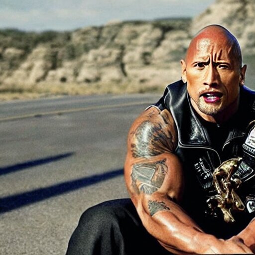 The rock flexing his muscles in front of girls in bikinis