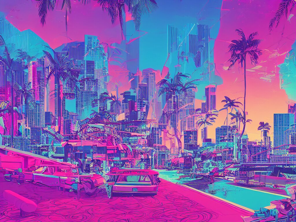 80s Vice city synthwave Miami landscape, artstation winner by Victo Ngai, Kilian Eng and by Jake Parker, composed with sober colors, a masterpiece of restraint, 8K HD Resolution. Get rid of the bright neon colors