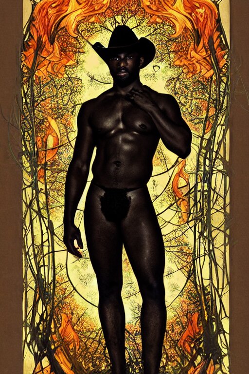 a dramatic ethereal epic symmetrical painting of a handsome black man holding a plant | he is shirtless and wearing a cowboy hat and boots | background is a forest fire conflagration flames | tarot card, art deco, art nouveau, homoerotic, realistic | by Dresden Codak, by Mark Maggiori and ((((Alphonse Mucha))) | trending on artstation