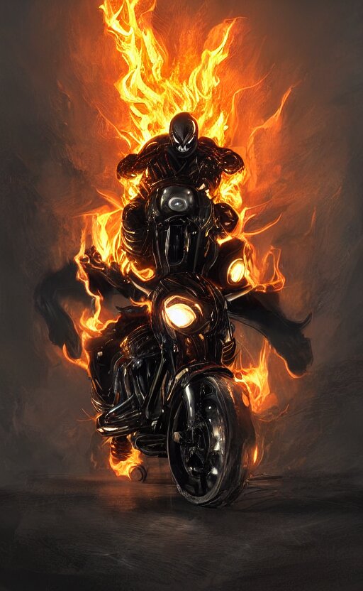 Venom as Ghost Rider on a motorcycle, dynamic lighting, photorealistic fantasy concept art, trending on art station, stunning visuals, terrifying, creative, cinematic - make it green!. make it green