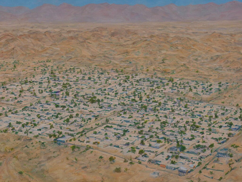 landscape, bird view, large Trailer park in the desert near the oasis with a reservoir and Google Fiber high-tech facilities, painting by Alison Elizabeth Taylor. make it a modern city with high tech feautures