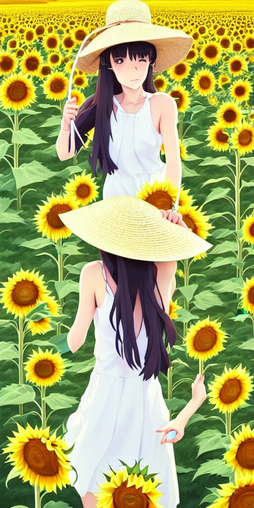 a girl in a white dress and a straw hat walks in the sunflower field | | very very anime!!!, fine - face, audrey plaza, realistic shaded perfect face, fine details. anime. realistic shaded lighting poster by ilya kuvshinov katsuhiro otomo ghost - in - the - shell, magali villeneuve, artgerm, jeremy lipkin and michael garmash and rob rey